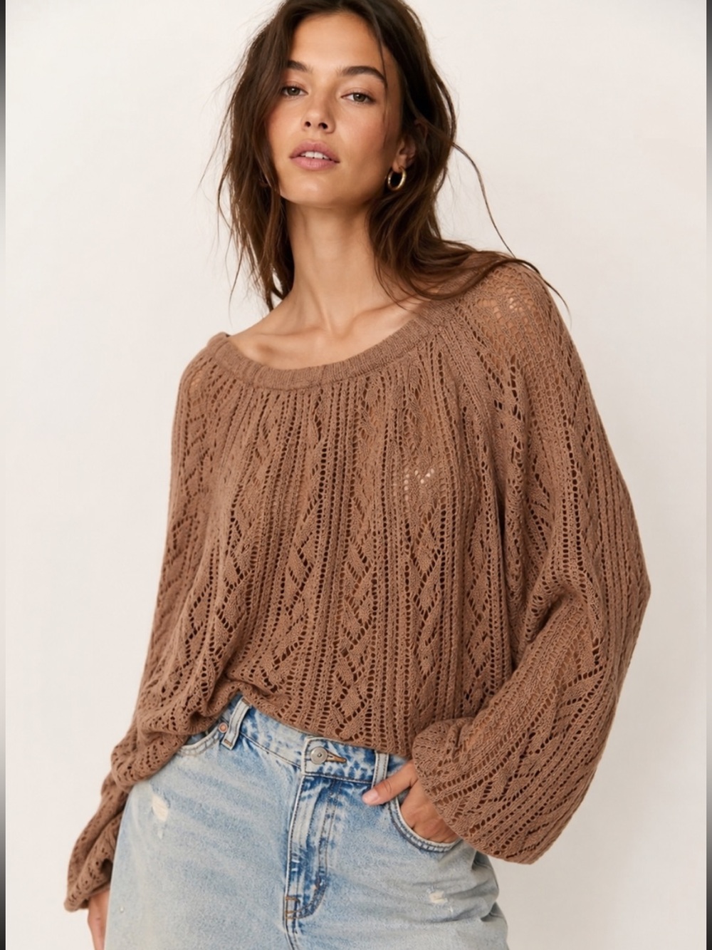 #410 Free People Brown Pointelle Open Knit Oversized Boho Sweater